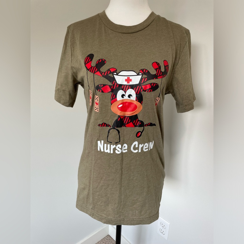 Bella Canvas Nurse Crew Plaid Moose Green Brown Tee Shirt - Size Small